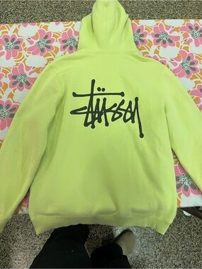 Stussy Neon Lime Hoodie with Black Script Logo